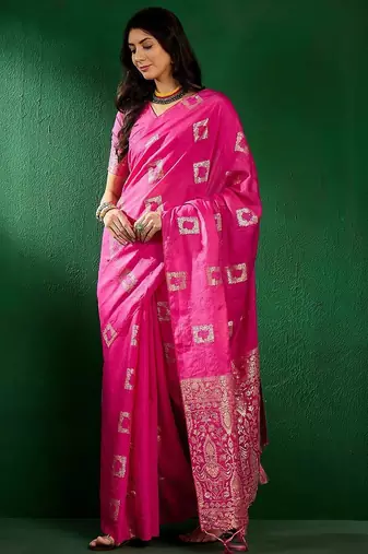 Pink ethnic motifs woven design sequined banarasi sarees
