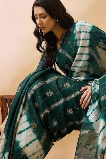 Green green ethnic motifs woven designed sequinned sarees