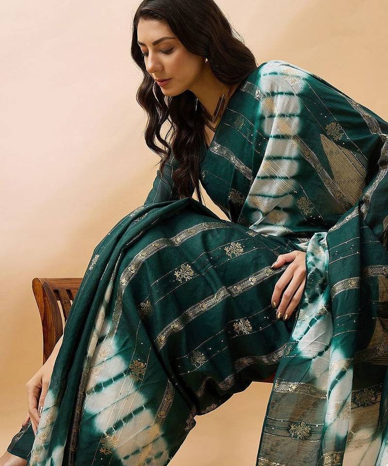 Green green ethnic motifs woven designed sequinned sarees
