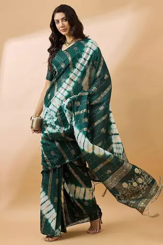 Green green ethnic motifs woven designed sequinned sarees