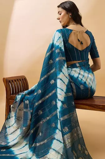 Teal striped woven design tie & dye banarasi saree