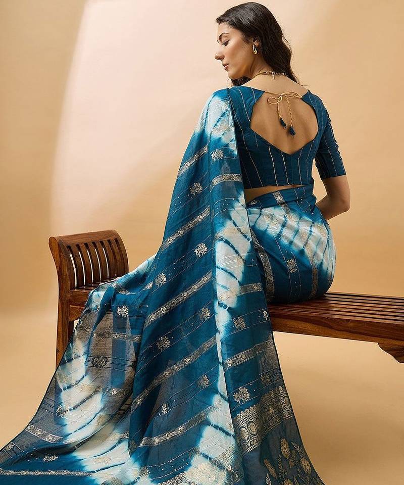 Teal striped woven design tie & dye banarasi saree