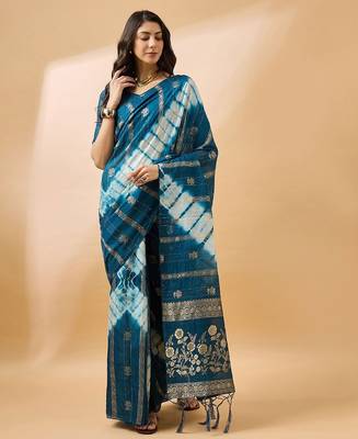 Teal striped woven design tie & dye banarasi saree 2