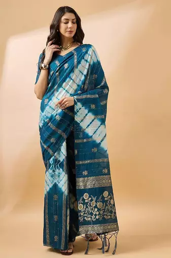 Teal striped woven design tie & dye banarasi saree