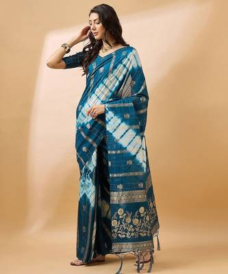Teal striped woven design tie & dye banarasi saree 3