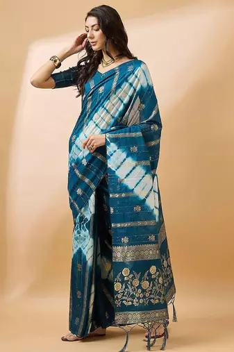 Teal striped woven design tie & dye banarasi saree