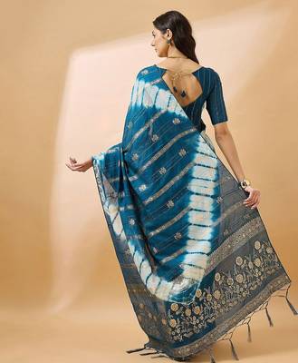 Teal striped woven design tie & dye banarasi saree 4
