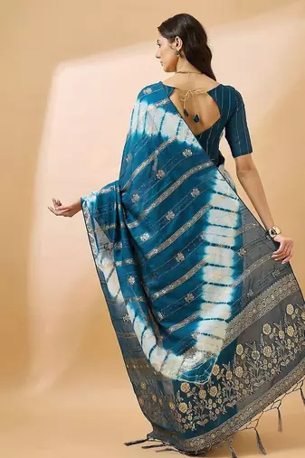 Teal striped woven design tie & dye banarasi saree