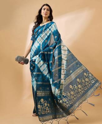 Teal striped woven design tie & dye banarasi saree 5
