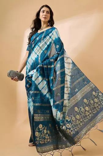 Teal striped woven design tie & dye banarasi saree