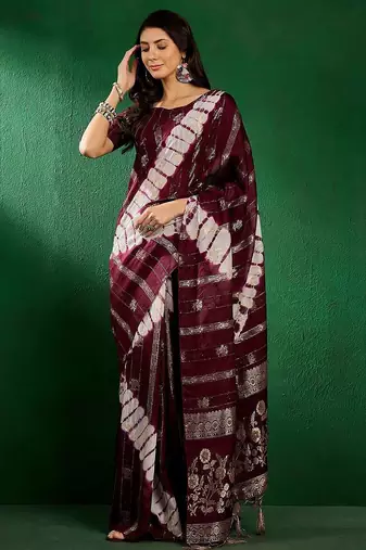 Burgundy burgundy ethnic motifs woven designed zari sarees