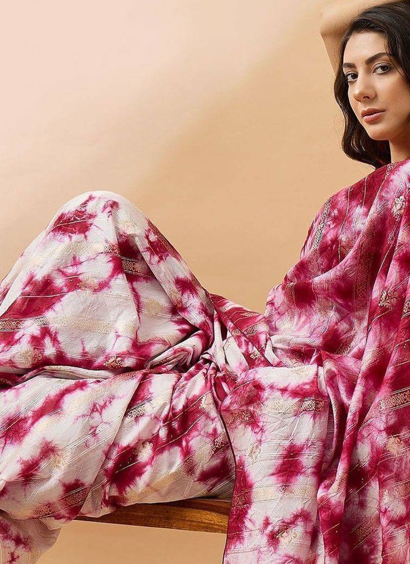 Red striped woven design tie & dye banarasi saree