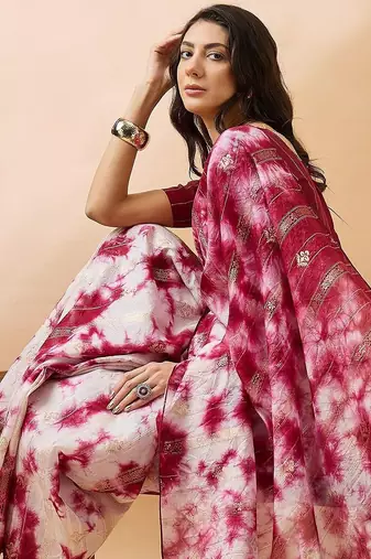 Red striped woven design tie & dye banarasi saree