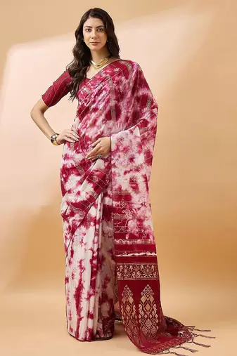 Red striped woven design tie & dye banarasi saree