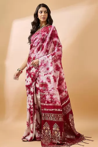 Red striped woven design tie & dye banarasi saree