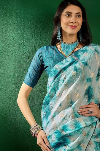 Teal teal blue ethnic motifs woven designed zari sarees