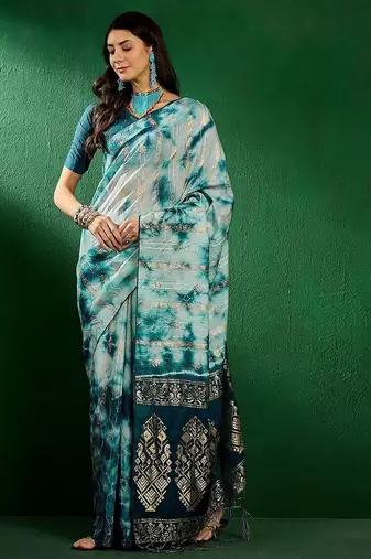 Teal teal blue ethnic motifs woven designed zari sarees