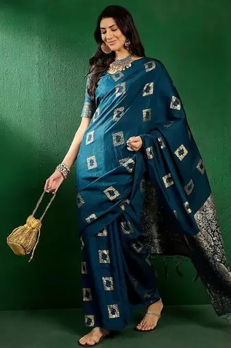 Teal ethnic motifs zari designer banarasi saree