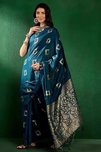 Teal ethnic motifs zari designer banarasi saree