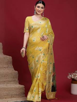 Yellow woven design zari banarasi fastive saree with matching blouse 1