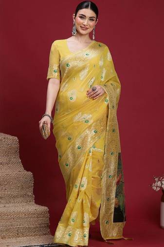 Yellow woven design zari banarasi fastive saree with matching blouse