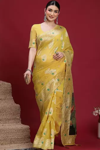 Yellow woven design zari banarasi fastive saree with matching blouse