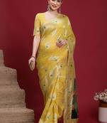 Yellow woven design zari banarasi fastive saree with matching blouse