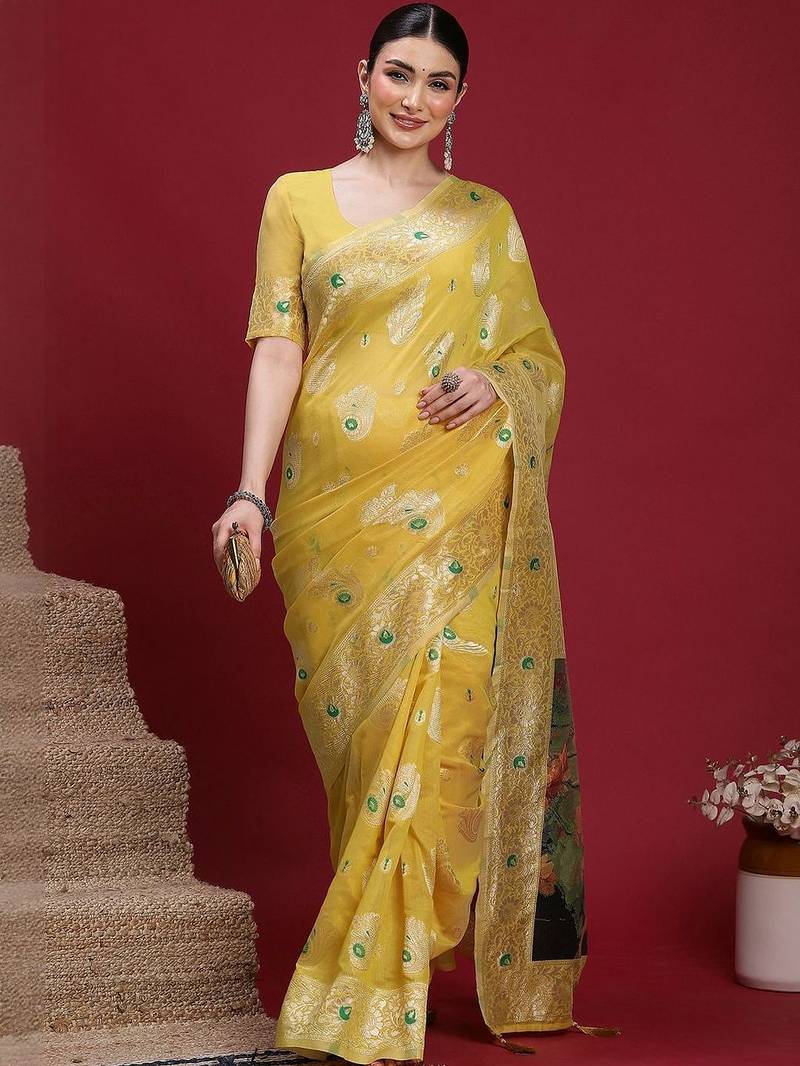 Yellow woven design zari banarasi fastive saree with matching blouse