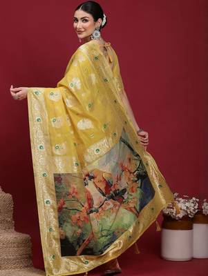 Yellow woven design zari banarasi fastive saree with matching blouse 2