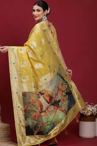 Yellow woven design zari banarasi fastive saree with matching blouse