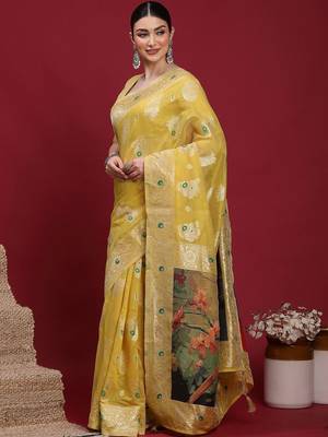 Yellow woven design zari banarasi fastive saree with matching blouse 3