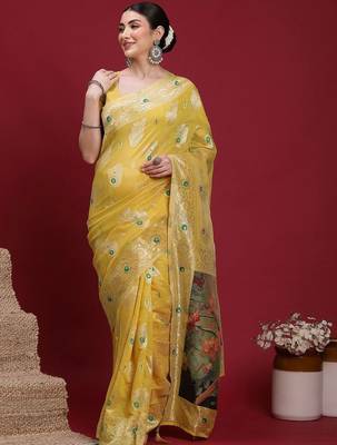 Yellow woven design zari banarasi fastive saree with matching blouse 5