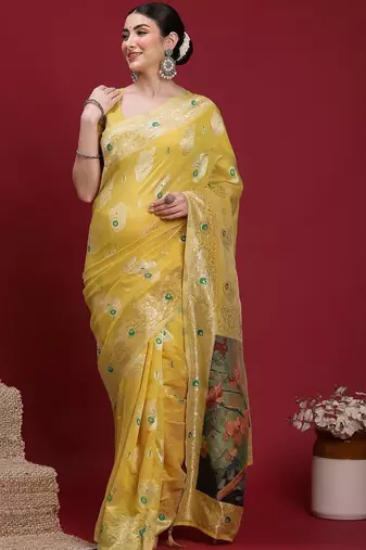 Yellow woven design zari banarasi fastive saree with matching blouse