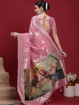 Pink woven design zari banarasi fastive saree with matching blouse 2