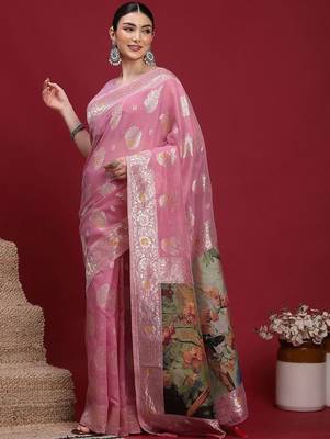 Pink woven design zari banarasi fastive saree with matching blouse 1