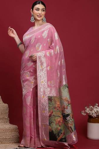 Pink woven design zari banarasi fastive saree with matching blouse