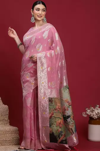 Pink woven design zari banarasi fastive saree with matching blouse