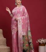 Pink woven design zari banarasi fastive saree with matching blouse
