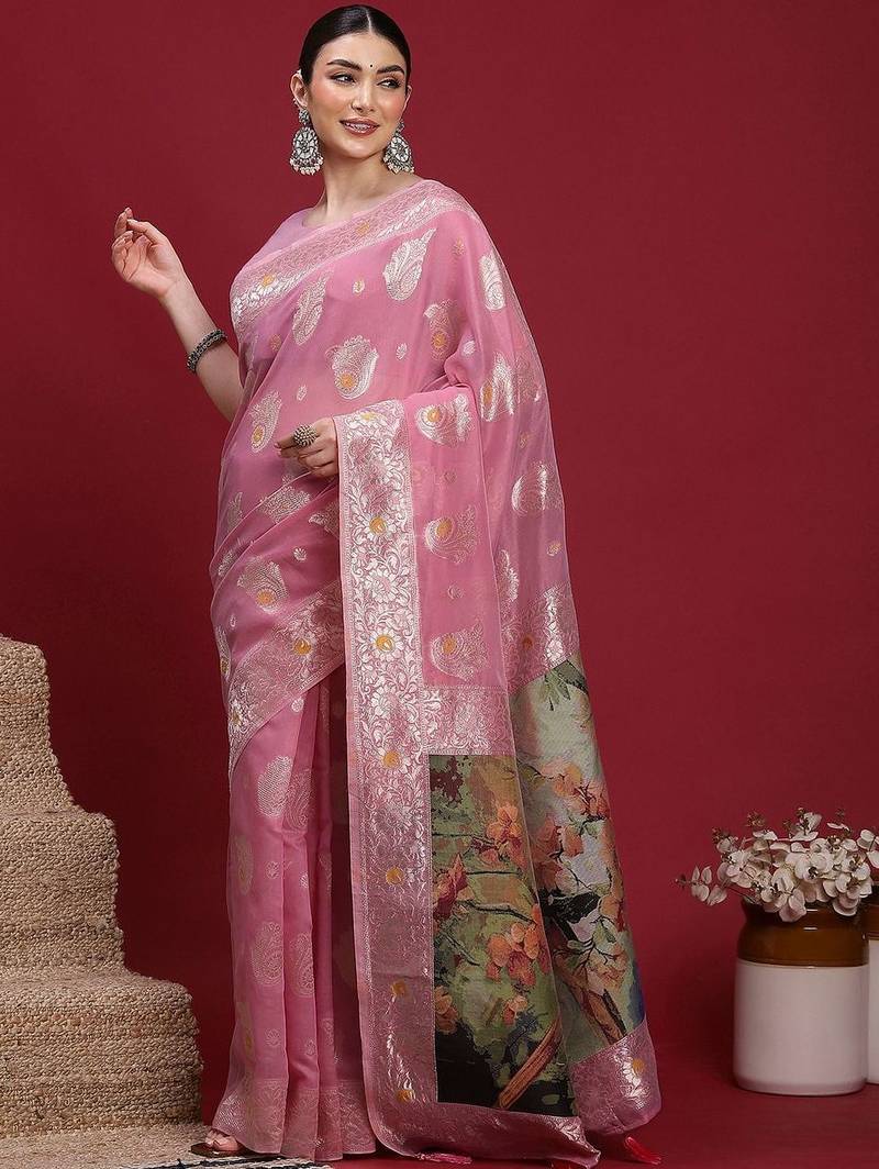 Pink woven design zari banarasi fastive saree with matching blouse