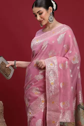 Pink woven design zari banarasi fastive saree with matching blouse
