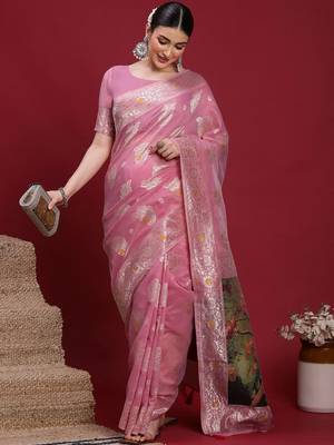 Pink woven design zari banarasi fastive saree with matching blouse 4