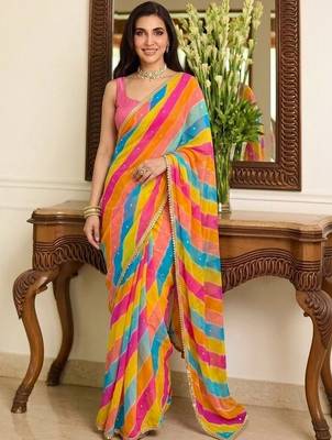 Multicolor leheriya beads and stones  georgette leheriya saree 1