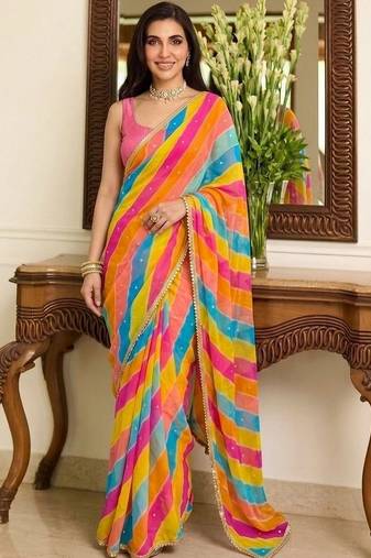 Multicolor leheriya beads and stones  georgette leheriya saree