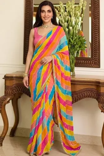 Multicolor leheriya beads and stones  georgette leheriya saree