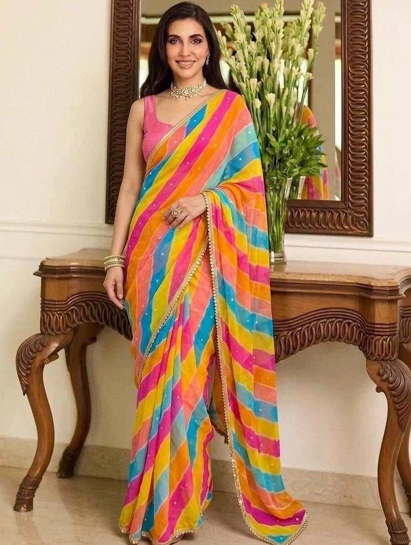 Multicolor leheriya beads and stones  georgette leheriya saree