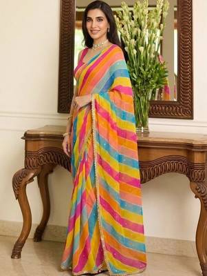 Multicolor leheriya beads and stones  georgette leheriya saree 2