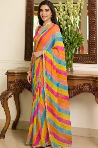 Multicolor leheriya beads and stones  georgette leheriya saree