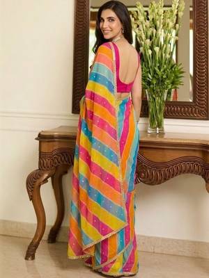 Multicolor leheriya beads and stones  georgette leheriya saree 3