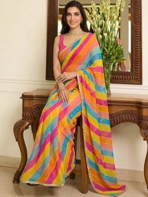 Multicolor leheriya beads and stones  georgette leheriya saree 4