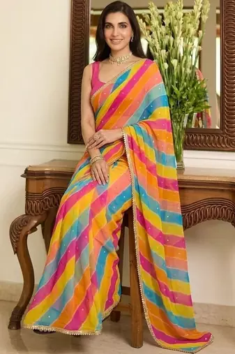 Multicolor leheriya beads and stones  georgette leheriya saree